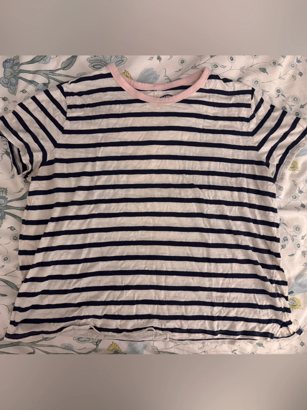 Vintage 90s Old Navy White and Navy Striped Short-Sleeve Tee with Pink Neck Trim